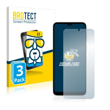 Front side of a product packaging with the brand logo BROTECT. Next to it is the device Motorola Moto E13 shown with the corre