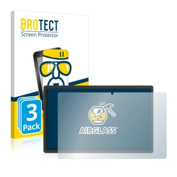 Front side of a product packaging with the brand logo BROTECT. Next to it is the device Sebbe Facetel Tablet Q10 shown with th