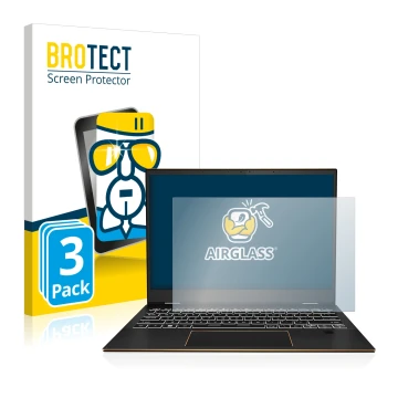 Front side of a product packaging with the brand logo BROTECT. Next to it is the device MSI Summit E13 Flip Evo shown with the