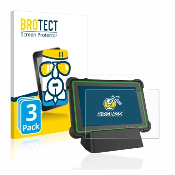 Front side of a product packaging with the brand logo BROTECT. Next to it is the device Hella Gutmann Mega Macs X (tablet) sho