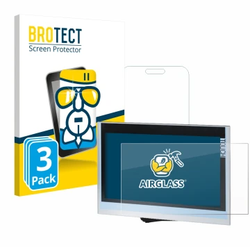 Front side of a product packaging with the brand logo BROTECT. Next to it is the device Siemens Simatic HMI TP1900 Comfort sho