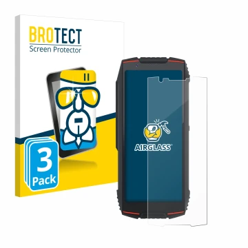 Front side of a product packaging with the brand logo BROTECT. Next to it is the device Cubot King Kong Mini 3 shown with the 