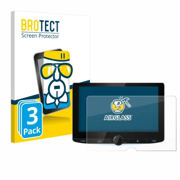 Front side of a product packaging with the brand logo BROTECT. Next to it is the device Kenwood DNR992RVS shown with the corre