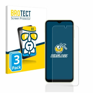 Front side of a product packaging with the brand logo BROTECT. Next to it is the device Samsung Galaxy A14 4G shown with the c