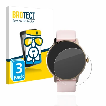 Front side of a product packaging with the brand logo BROTECT. Next to it is the device Hama Fit Watch 4910 shown with the cor