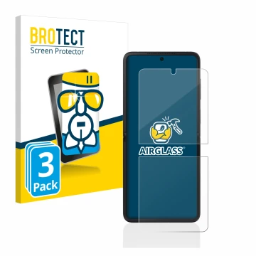 Front side of a product packaging with the brand logo BROTECT. Next to it is the device Oppo Find N2 Flip shown with the corre