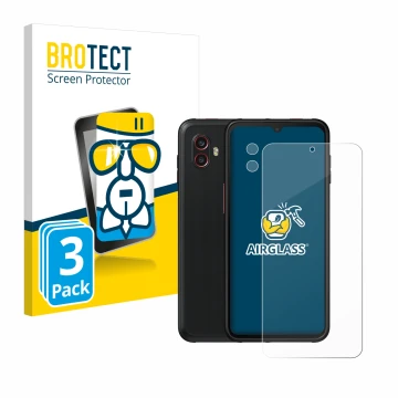 Front side of a product packaging with the brand logo BROTECT. Next to it is the device Samsung Galaxy XCover 6 Pro Enterprise
