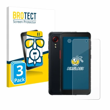 Front side of a product packaging with the brand logo BROTECT. Next to it is the device Samsung Galaxy XCover 5 Enterprise Edi