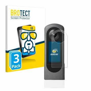 Front side of a product packaging with the brand logo BROTECT. Next to it is the device Ricoh Theta X shown with the correspon