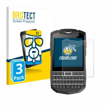 Front side of a product packaging with the brand logo BROTECT. Next to it is the device Unihertz Titan Pocket shown with the c