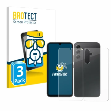 Front side of a product packaging with the brand logo BROTECT. Next to it is the device Samsung Galaxy A34 5G (Front+Back) sho