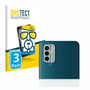 Front side of a product packaging with the brand logo BROTECT. Next to it is the device Nokia G22 (ONLY Camera Lens) shown wit