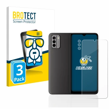 Front side of a product packaging with the brand logo BROTECT. Next to it is the device Nokia G22 (Front+Camera) shown with th