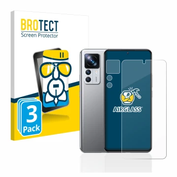 Front side of a product packaging with the brand logo BROTECT. Next to it is the device Xiaomi 12T Pro (Front+Camera) shown wi