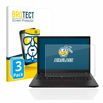 Front side of a product packaging with the brand logo BROTECT. Next to it is the device Lenovo ThinkPad X13 Gen 3 shown with t
