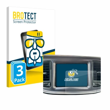 Front side of a product packaging with the brand logo BROTECT. Next to it is the device Dodge Challenger Uconnect 8.4
