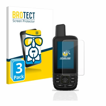 Front side of a product packaging with the brand logo BROTECT. Next to it is the device Garmin GPSMAP 67 shown with the corres