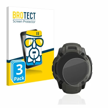 Front side of a product packaging with the brand logo BROTECT. Next to it is the device Garmin Instinct 2X Solar shown with th