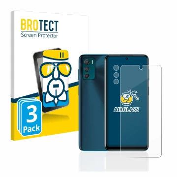Front side of a product packaging with the brand logo BROTECT. Next to it is the device Motorola Moto G42 (Front+Camera) shown