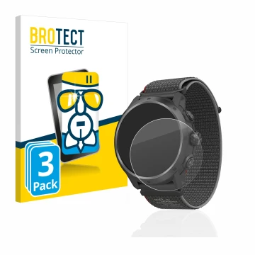 Front side of a product packaging with the brand logo BROTECT. Next to it is the device Coros Apex 2 Pro shown with the corres