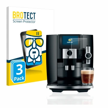 Front side of a product packaging with the brand logo BROTECT. Next to it is the device Jura J8 shown with the corresponding s
