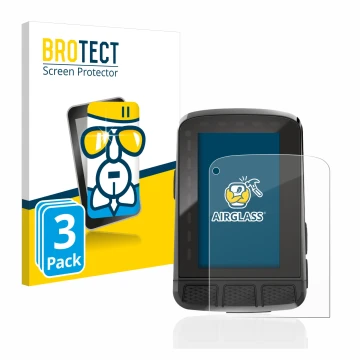 Front side of a product packaging with the brand logo BROTECT. Next to it is the device Wahoo Elemnt Roam 2 shown with the cor