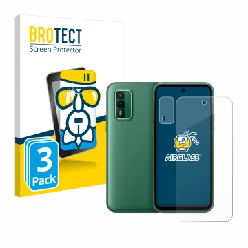 Front side of a product packaging with the brand logo BROTECT. Next to it is the device Nokia XR21 (Front+Camera) shown with t