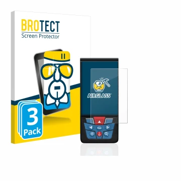 Front side of a product packaging with the brand logo BROTECT. Next to it is the device Bosch GLM 100-25c shown with the corre