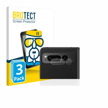 Front side of a product packaging with the brand logo BROTECT. Next to it is the device Google Pixel Fold (ONLY Camera Lens) s