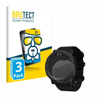 Front side of a product packaging with the brand logo BROTECT. Next to it is the device Suunto Core Alpha shown with the corre