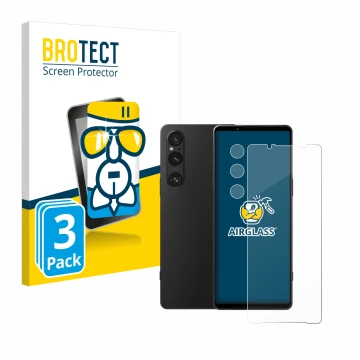 Front side of a product packaging with the brand logo BROTECT. Next to it is the device Sony Xperia 1 V (Front+Camera) shown w
