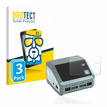Front side of a product packaging with the brand logo BROTECT. Next to it is the device SkyRc D200 neo shown with the correspo