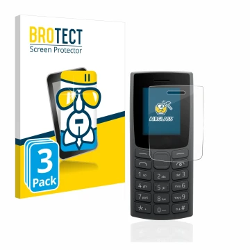 Front side of a product packaging with the brand logo BROTECT. Next to it is the device Nokia 110 (2023) shown with the corres