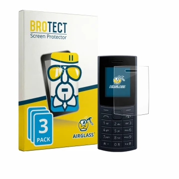 Front side of a product packaging with the brand logo BROTECT. Next to it is the device Nokia 110 4G (2023) shown with the cor