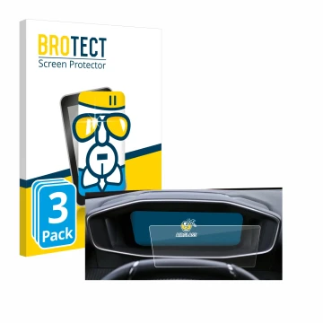 Front side of a product packaging with the brand logo BROTECT. Next to it is the device Peugeot 2008 2022 Cockpit shown with t