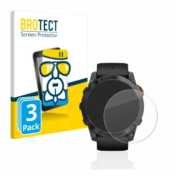 Front side of a product packaging with the brand logo BROTECT. Next to it is the device Garmin Fenix 7X Pro Solar (51 mm) show