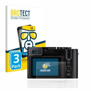 Front side of a product packaging with the brand logo BROTECT. Next to it is the device Leica Q3 shown with the corresponding 