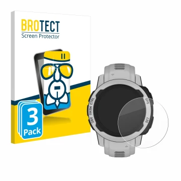 Front side of a product packaging with the brand logo BROTECT. Next to it is the device Garmin Instinct 2S Solar (40 mm) shown