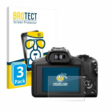 Front side of a product packaging with the brand logo BROTECT. Next to it is the device Canon EOS R100 shown with the correspo