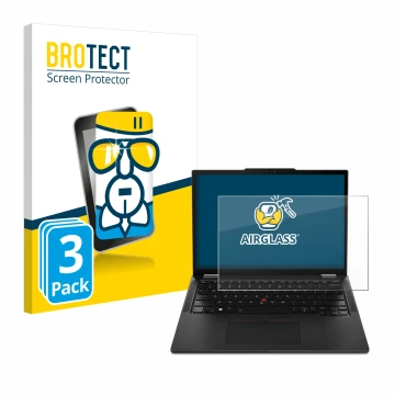 Front side of a product packaging with the brand logo BROTECT. Next to it is the device Lenovo ThinkPad X13 Gen 4 shown with t