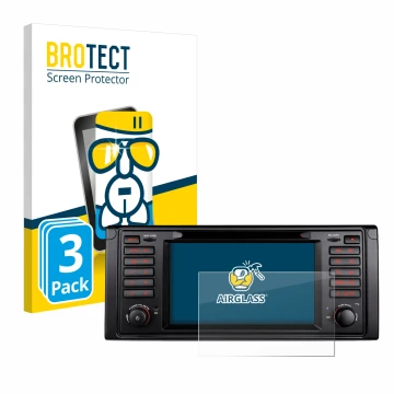 Front side of a product packaging with the brand logo BROTECT. Next to it is the device Xtrons IQ7039B shown with the correspo