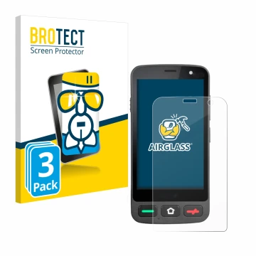 Front side of a product packaging with the brand logo BROTECT. Next to it is the device Brondi Amico Pocket shown with the cor