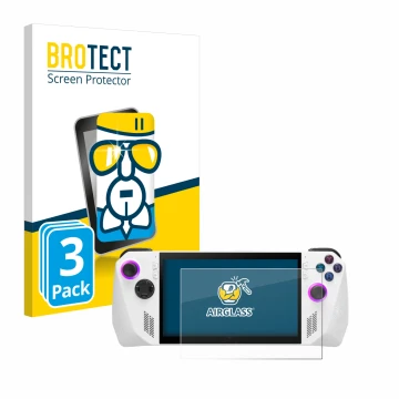 Front side of a product packaging with the brand logo BROTECT. Next to it is the device ASUS ROG Ally (2023) RC71L shown with 