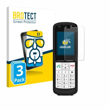 Front side of a product packaging with the brand logo BROTECT. Next to it is the device Unify OpenScape DECT Phone R6 shown wi