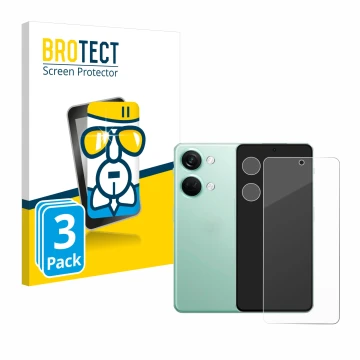 Front side of a product packaging with the brand logo BROTECT. Next to it is the device OnePlus Nord 3 5G (Front+Camera) shown
