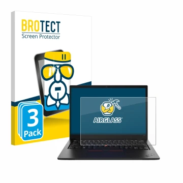 Front side of a product packaging with the brand logo BROTECT. Next to it is the device Lenovo ThinkPad L13 Gen 4 Touch shown 