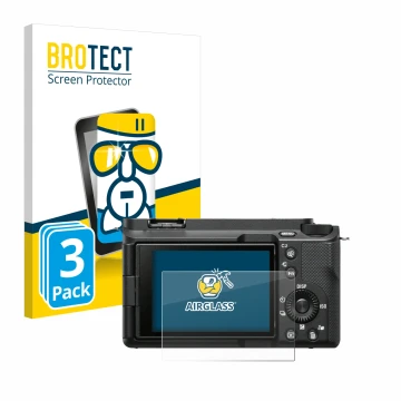 Front side of a product packaging with the brand logo BROTECT. Next to it is the device Sony Alpha ZV-E1 shown with the corres