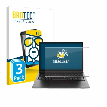 Front side of a product packaging with the brand logo BROTECT. Next to it is the device Lenovo ThinkPad L13 Yoga Gen 4 shown w