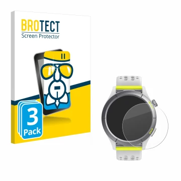 Front side of a product packaging with the brand logo BROTECT. Next to it is the device Huami Amazfit Cheetah shown with the c