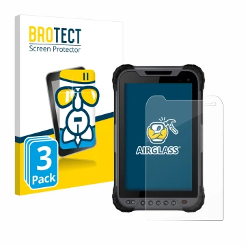 Front side of a product packaging with the brand logo BROTECT. Next to it is the device Stonex UT32 Rugged Tablet shown with t